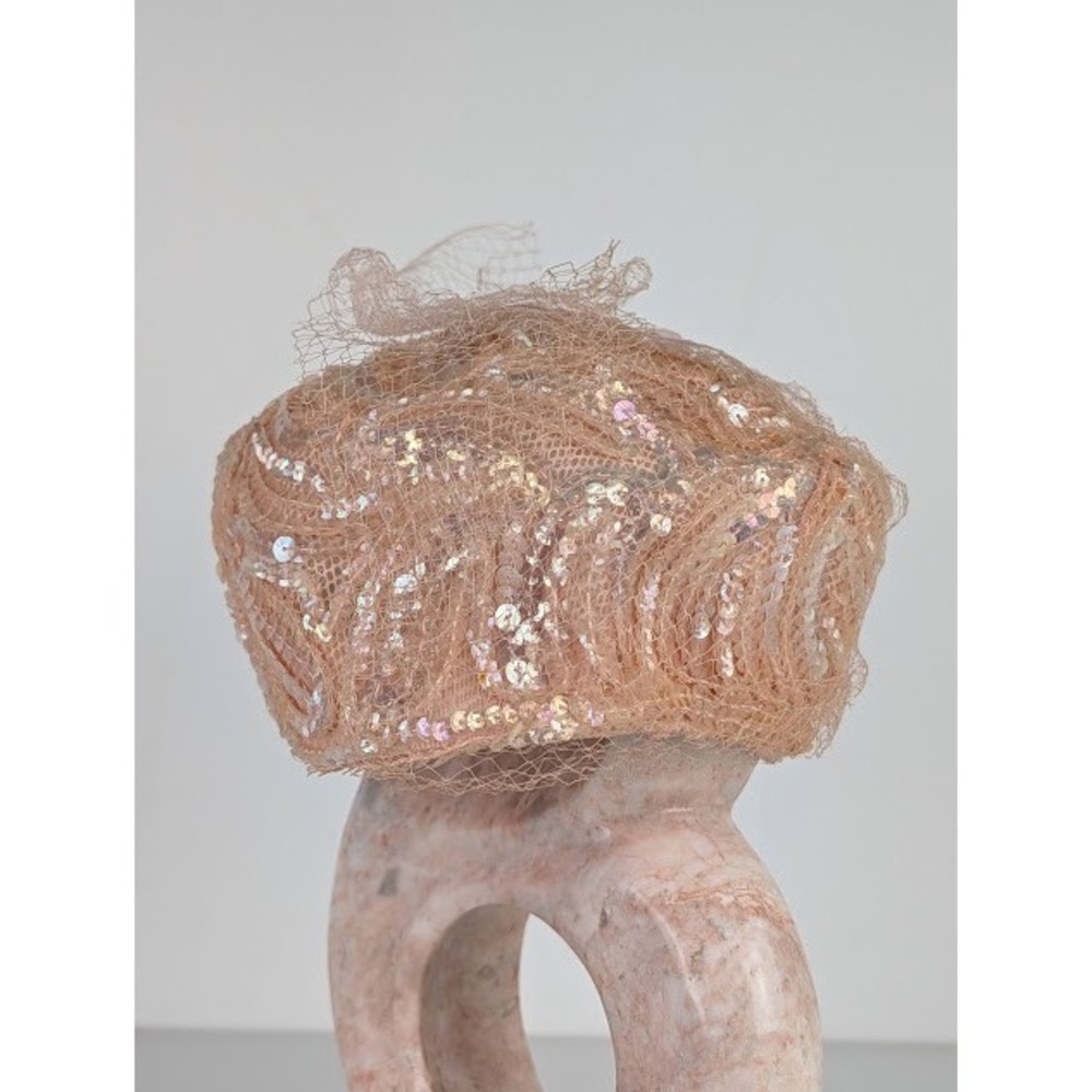 Vintage Don Anderson NY Peach Sequin Mesh Pillbox Hat with Veil Union Made